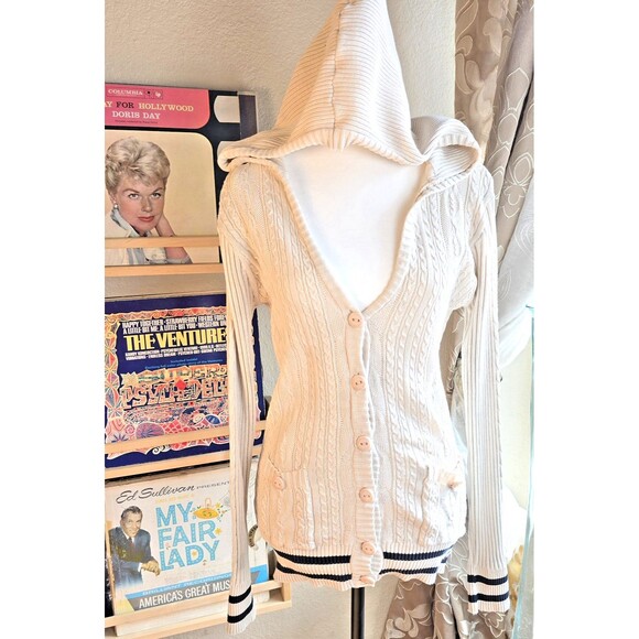VTG Chevignon Sweater Womens M Hooded Cable Knit Button Cardigan Stripe Trim - Picture 1 of 14